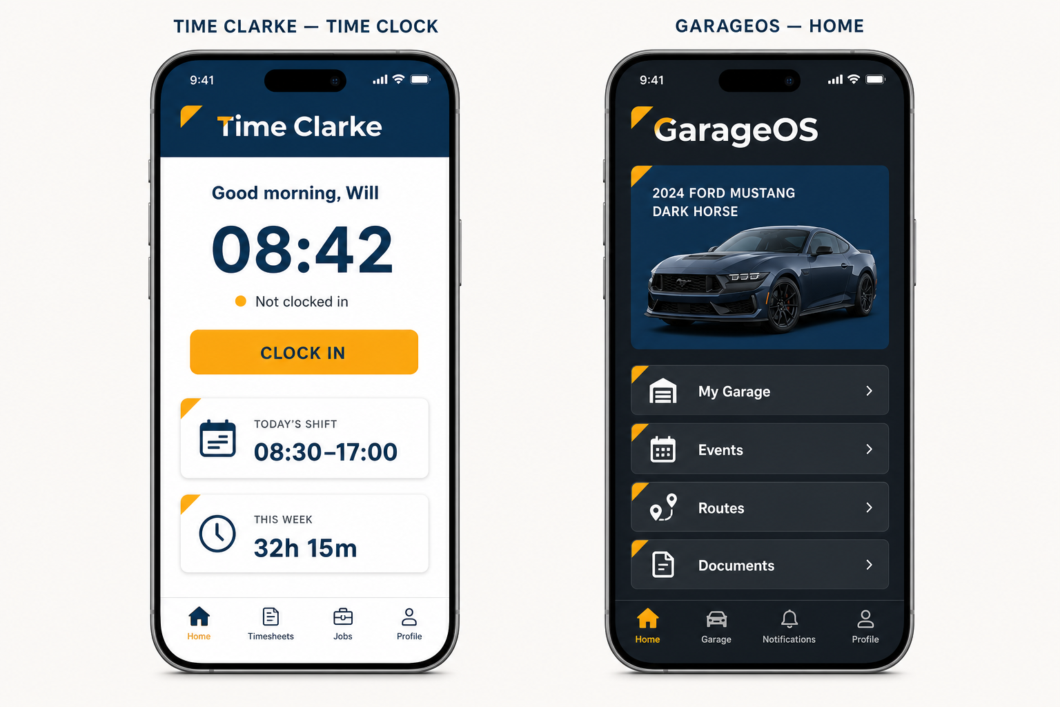 Illustrative Time Clarke time clock and GarageOS vehicle dashboard in WPS blue and amber